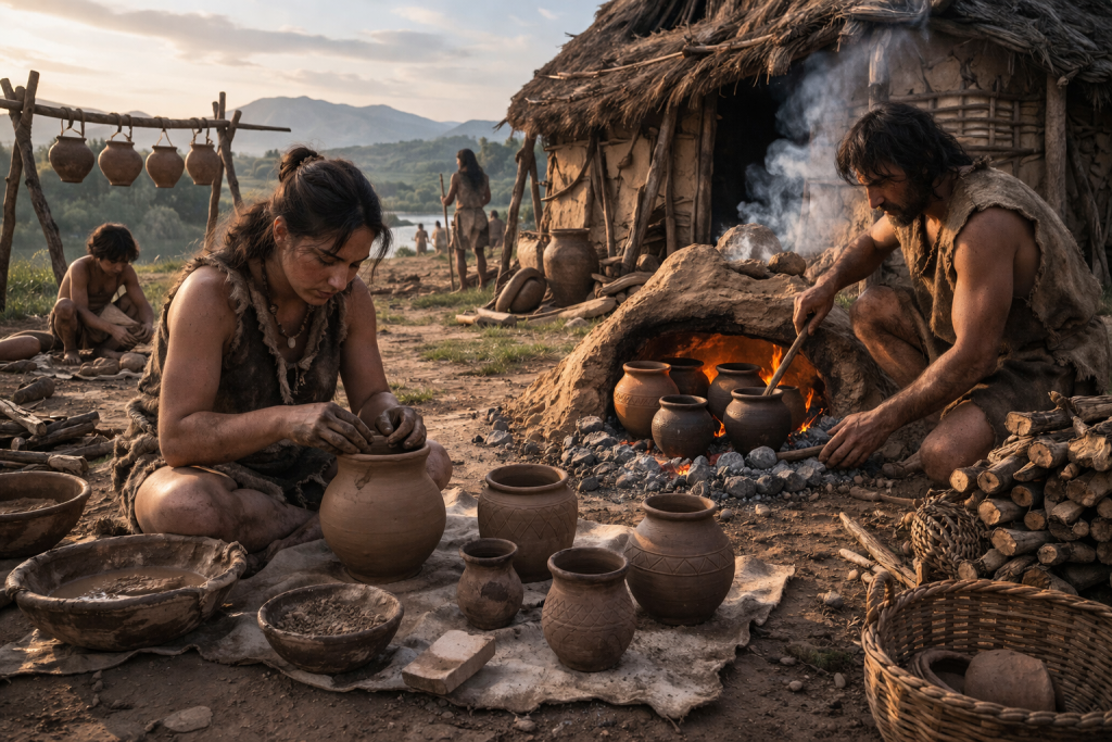 Treballant la ceràmica en una vila prehistòrica
