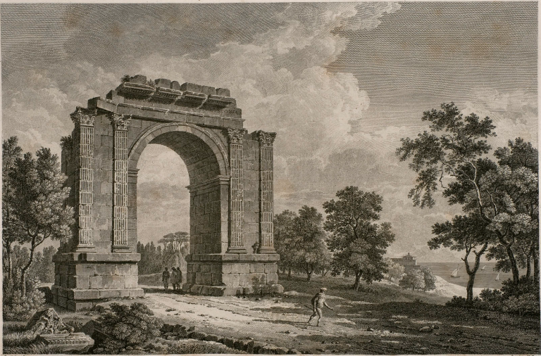 Gravat paisatgístic de l’Arc de Berà, el monument romà situat a la via Augusta, representat com una gran estructura de pedra aïllada enmig d’un entorn natural. L’escena mostra l’arc amb una visió monumental i solemne, envoltat d’arbres, figures humanes diminutes que en reforcen l’escala, i el mar al fons, fet que dona profunditat i un aire clàssic i evocador a la composició.