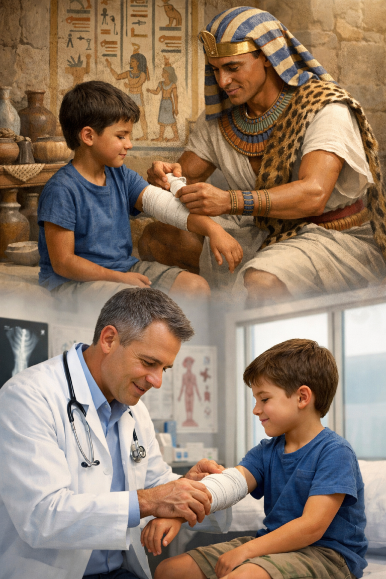 Imatge semirealista en dues escenes paral·leles. A la part superior, un sanador de l’antic Egipte, envoltat d’un interior faraònic amb pintures i objectes antics, embena el braç d’un nen egipci. A la part inferior, un metge contemporani, en una consulta moderna i lluminosa, embena el braç d’un nen actual amb un gest gairebé idèntic. El contrast visual remarca la continuïtat entre la medicina antiga i la moderna: dues èpoques diferents, una mateixa tècnica.