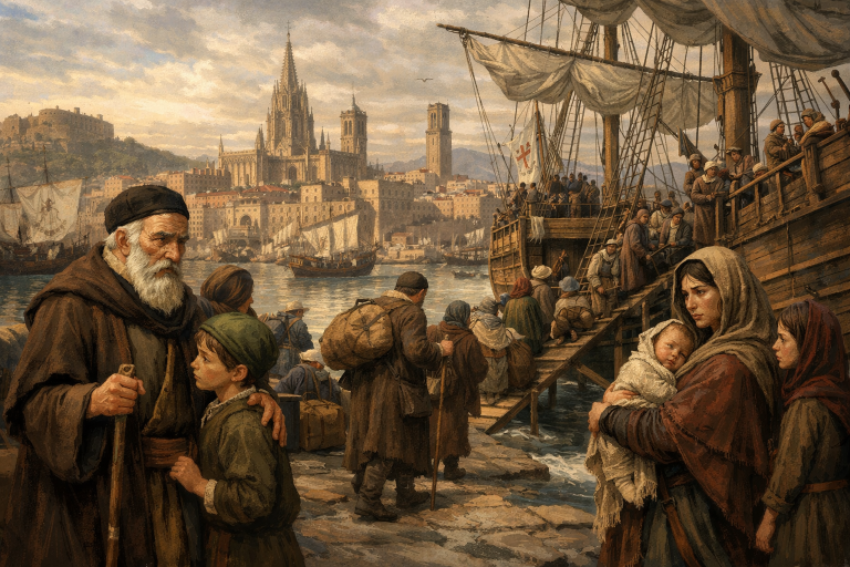 Famílies jueves embarcant al port de Barcelona després del Decret de l’Alhambra de 1492, forçades a abandonar uns regnes on havien viscut durant segles. La imatge simbolitza la persecució religiosa, la ruptura d’un món compartit i la construcció d’un poder que volia imposar la unitat a través de l’exclusió.