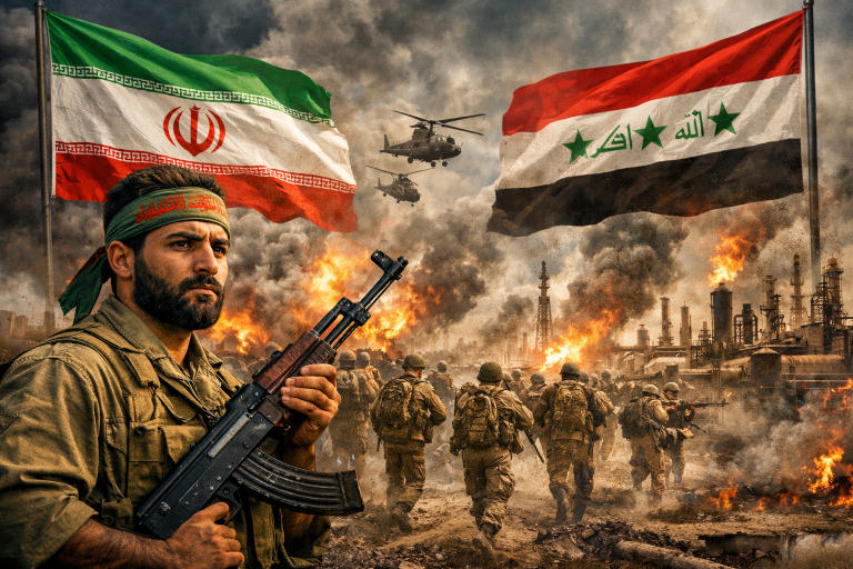 Un soldat iranià en primer terme, amb el camp de batalla al fons, simbolitza la guerra Iran-Iraq com el gran trauma fundacional de la República Islàmica: el conflicte que va consolidar la Guàrdia Revolucionària, va aprofundir la rivalitat amb les monarquies del golf i va marcar la geopolítica de l’Iran fins avui.