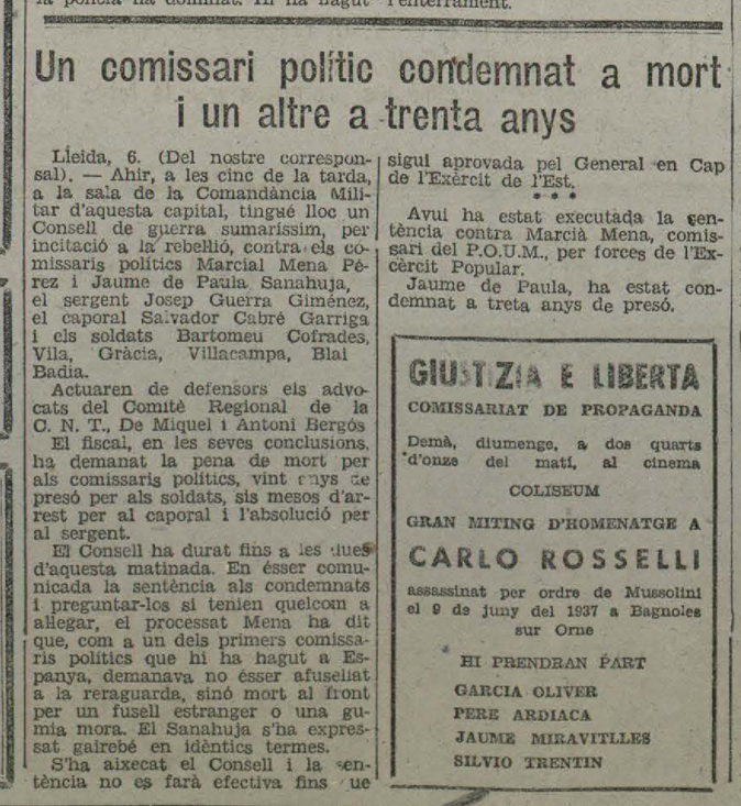 Noticia judici i sentencia de mort Marciano Mena