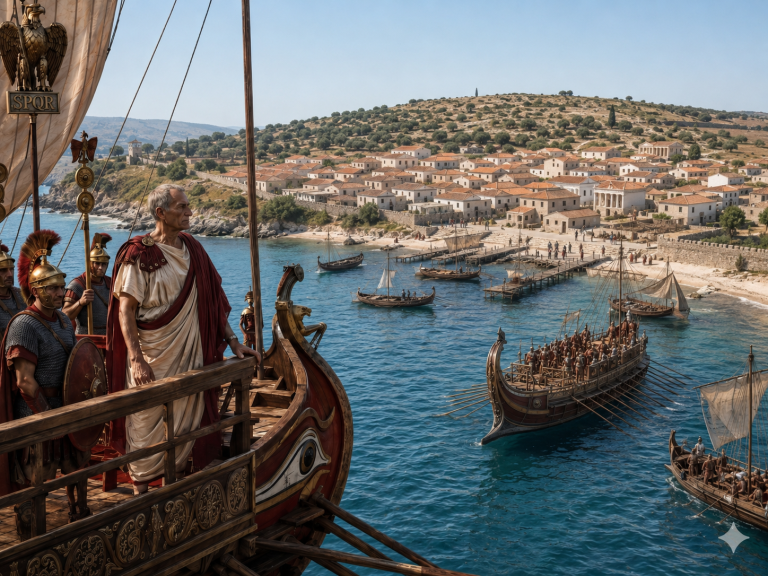 Una panoràmica cinematogràfica i assolellada que captura l'arribada d'una flota republicana romana a una colònia hel·lenística del Mediterrani, identificada com Emporion (Empúries). La vista està presa des de la proa d'un gran quinquerrem de guerra romà, on el Cònsol de cabell gris i aspecte ferm, vestit amb una toga i un mantell de color vermell intens, està dempeus, mirant cap a la ciutat costanera. Està envoltat per un destacament de legionaris amb cota de malla (lorica hamata), escuts republicans ovals, cascos tipus Montefortino i un estendard de l'àguila romana amb el text SPQR clarament visible. L'aigua del port, de color blau turquesa clar, està bullint d'activitat amb molts altres vaixells de guerra romans (trirems i quinquerrems més petits, molts d'ells referenciats com l'anterior vaixell) i galeres de transport amb veles i rems desplegats. La ciutat hel·lenística d'Emporion, amb el seu far grec, molls de fusta plens de figures petites i diversos temples grecs (Dòric i Jònic) de pedra sota un cel blau clar amb núvols dispersos, és l'objectiu de la seva mirada. El paisatge de fons és de turons aspres i muntanyes cobertes de vegetació mediterrània.