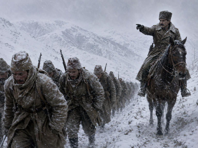 Marxa sota la neu de guerra, Sarıkamış, Caucas, hivern de 1914.